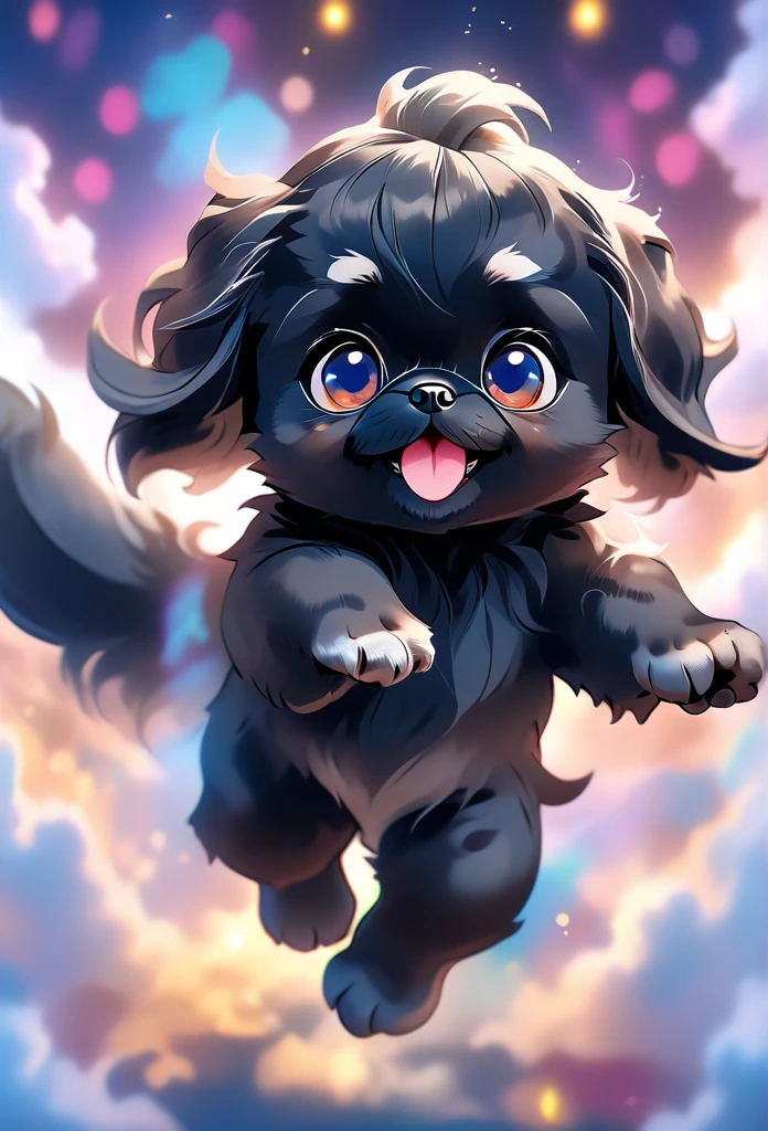 2 cute black Shih Tzu puppies, fluffy fur, big blue eyes, happy expression, soaring gracefully through clouds, magical fantasy scene, vibrant colors, whimsical lighting, highly detailed, 8k, photorealistic, digital art