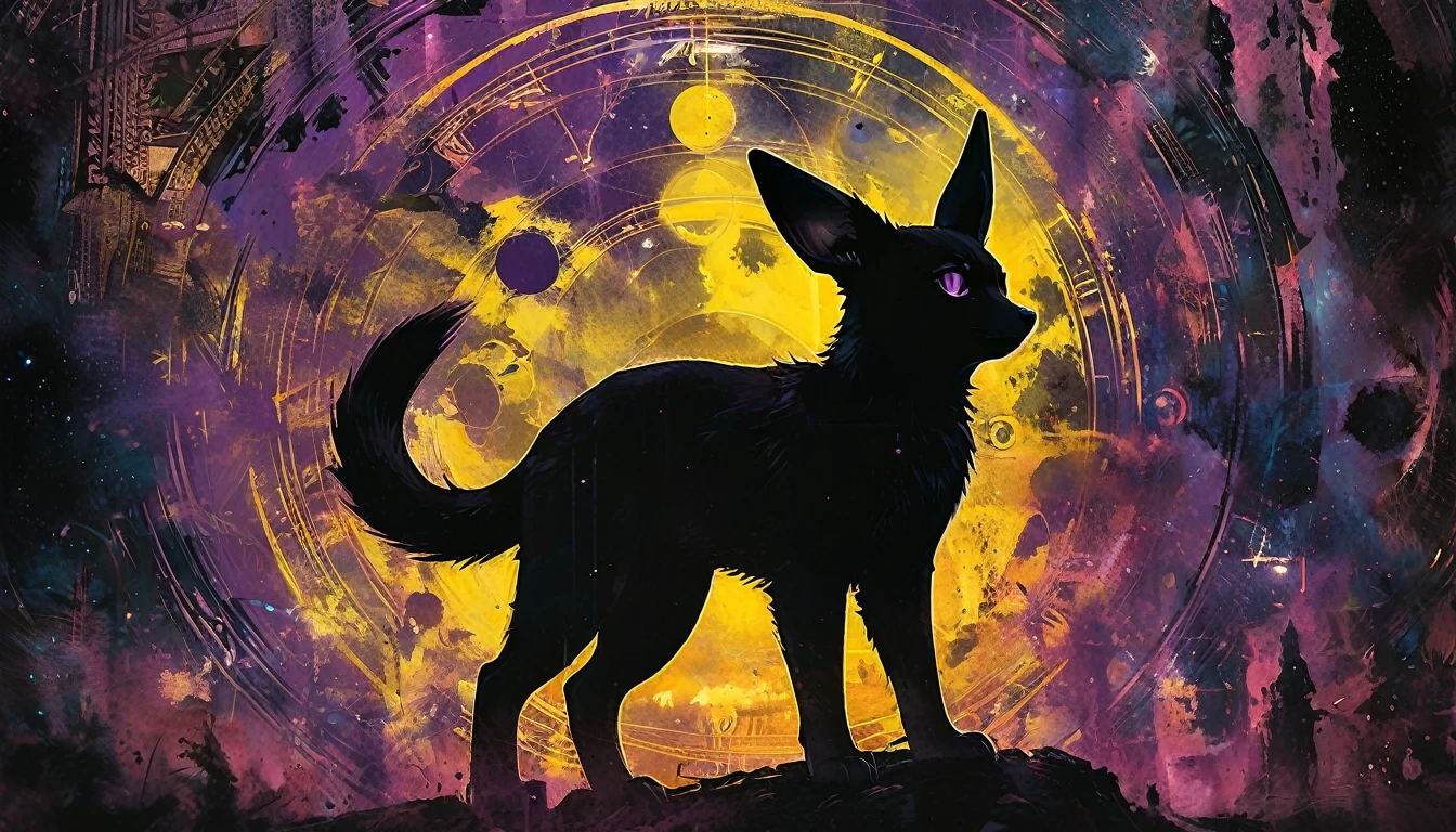 (moonligh:1.2), (Intricate:0.7), (high détail:1.2), (pokemon; Umbreon :1.3), (sharp focus:1.1), [Explicit content, Questionable content], (work of art, best qualityer, 4K, 2k, shadowed, absurd resolution), monochrome, arte linear, pokemon, umbreom, purple color in the background, cover of a magazine
