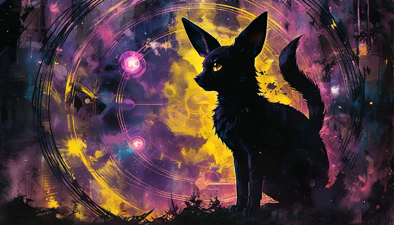 (moonligh:1.2), (Intricate:0.7), (high détail:1.2), (pokemon; Umbreon :1.3), (sharp focus:1.1), [Explicit content, Questionable content], (work of art, best qualityer, 4K, 2k, shadowed, absurd resolution), monochrome, arte linear, pokemon, umbreom, purple color in the background, cover of a magazine
