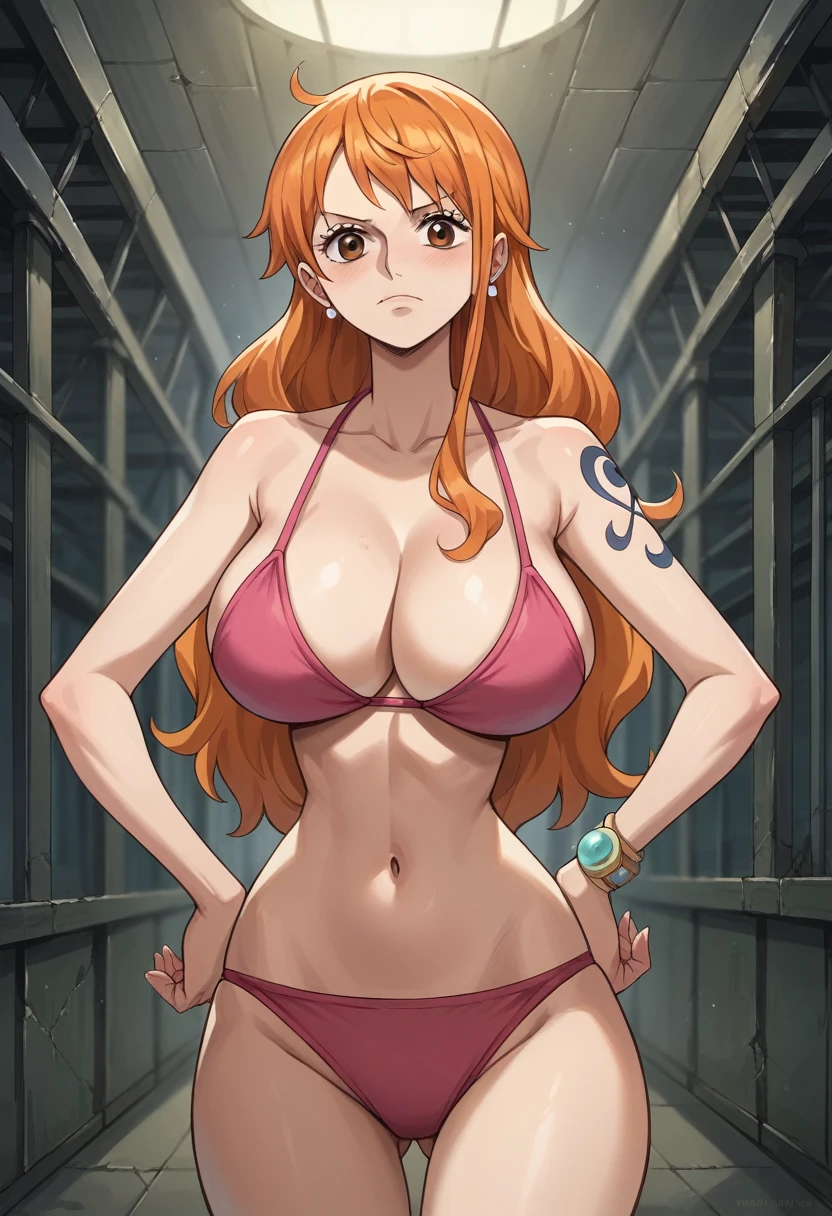 Masterpiece, best quality, Masterpiece, best quality, 1 woman, Nami , long orange hair , sly face , pink bikini , big breasts , abdomen , Put your hands on your hips.. , abandoned factory , at night