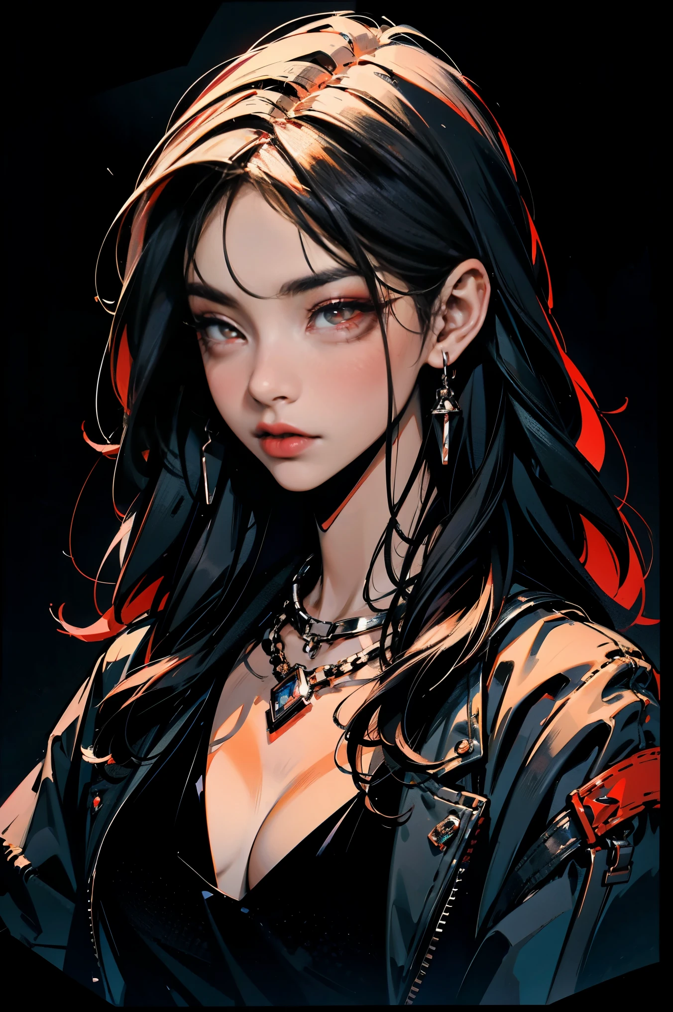 Goth girl 1girl, solo, long hair, looking at viewer, red eyes, jewelry, necklace, makeup, lipstick, black background, portrait, glowing eyes, by vergvoktre, dramatic, gritty, intense, distorted face, nightmare, intricate details, hyperdetailed, cinematic, dark shot, film grainy, soothing tones, muted colors, technicolor BREAK outdoors, twilight, raytracing BREAK d4rk4rt artstyle, monochrome, greyscale