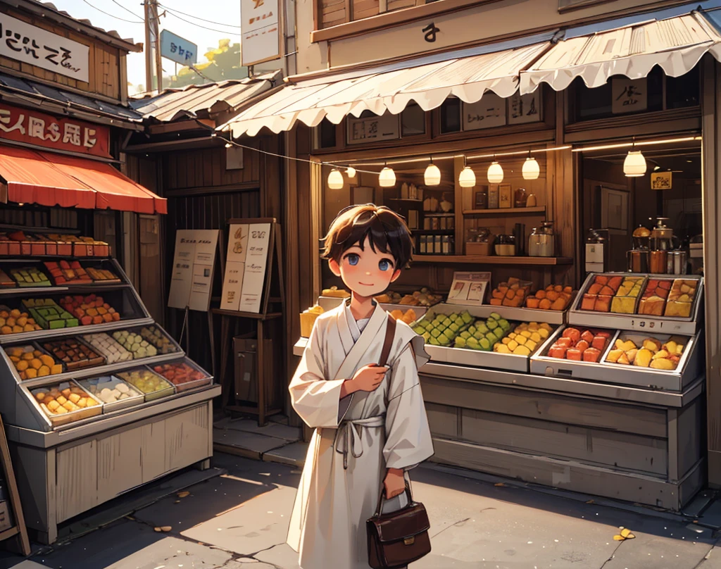 "Villager young boy give amount for the sweets, looking satisfied stand outside the shop of sweets."