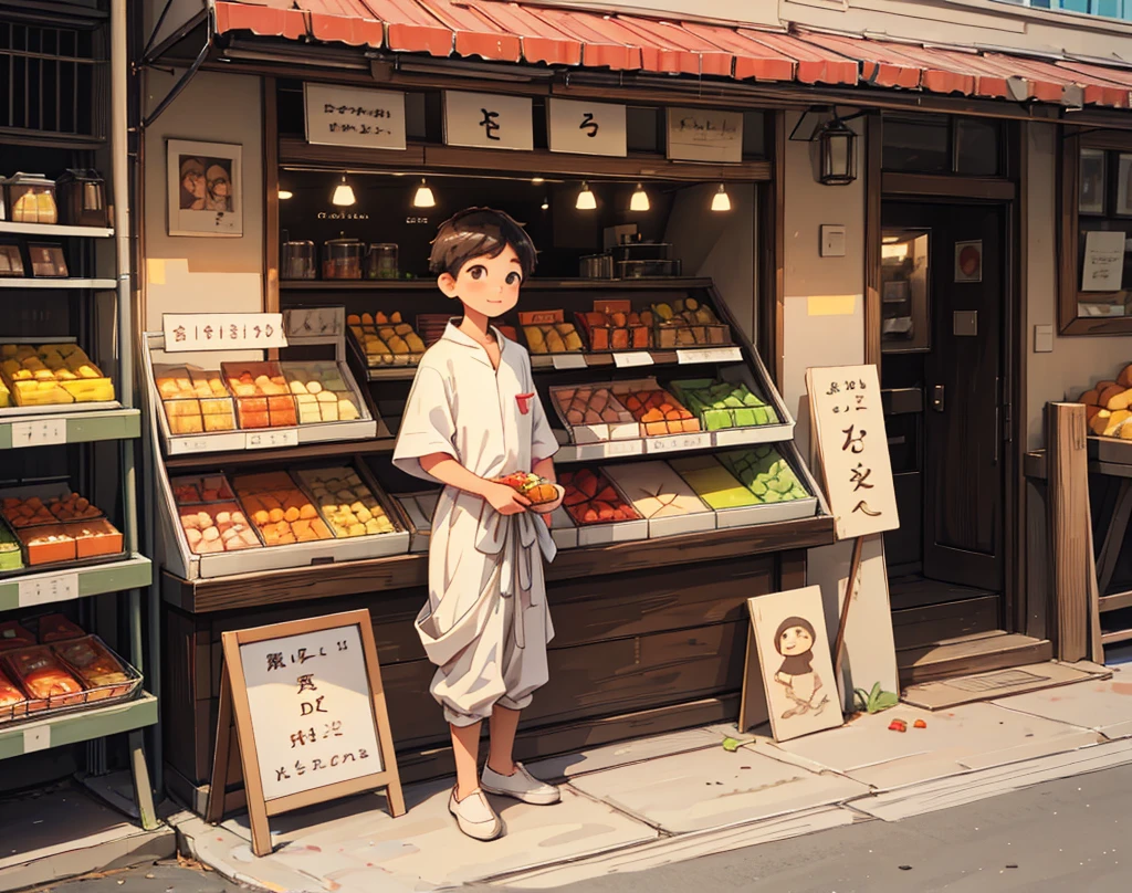 "Villager young boy give  amount for the  sweets, looking satisfied stand outside the shop of sweets."