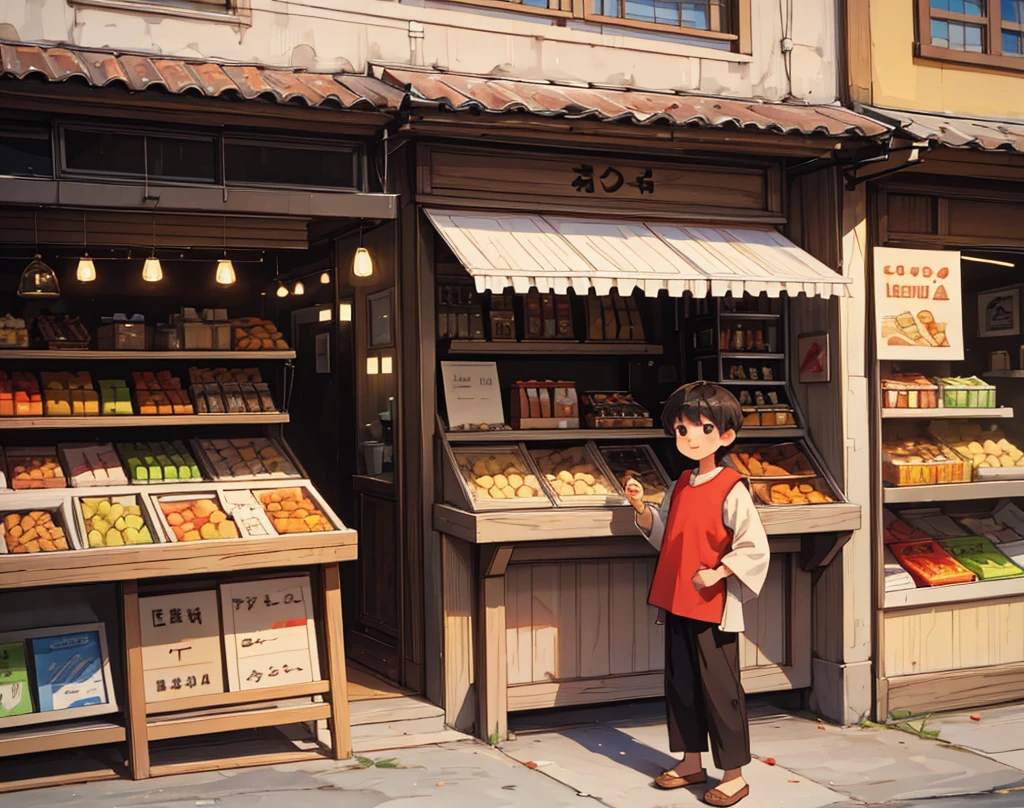 "Villager young boy give  amount for the  sweets, looking satisfied stand outside the shop of sweets."