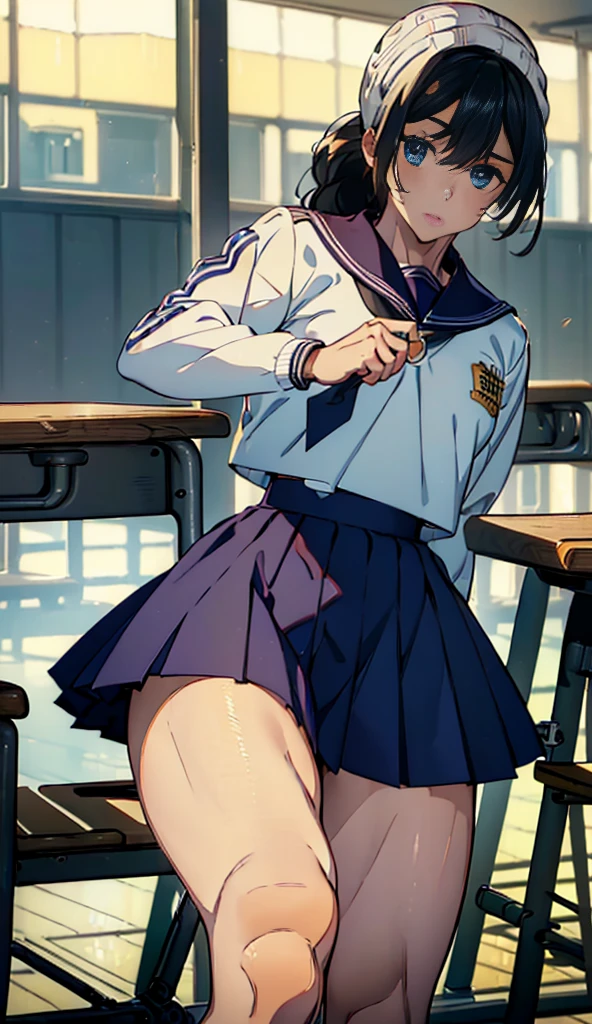 (Highest quality、In 8K、32K、masterpiece、Hmph、Ultra-high resolution、Impressionism、Photorealistic:1.2)、huge 、Cowboy Shot, Detailed face and eyes、 In the classroom、School、sunset、Beautiful Face、Blurred Background、Beautiful 16 year old girl、Glowing Skin、Half Up、Beautiful brown hair、Blunt bangs、Brown eyes、(I closed one eye、Put your index finger over your mouth:1.2)、Sailor suit、Pleated mini skirt、curve、(Roll up your skirt、I can see your pants:1.4)、Thighs Thighs Thighs Thighs、Physical Education Classroom Lessons、