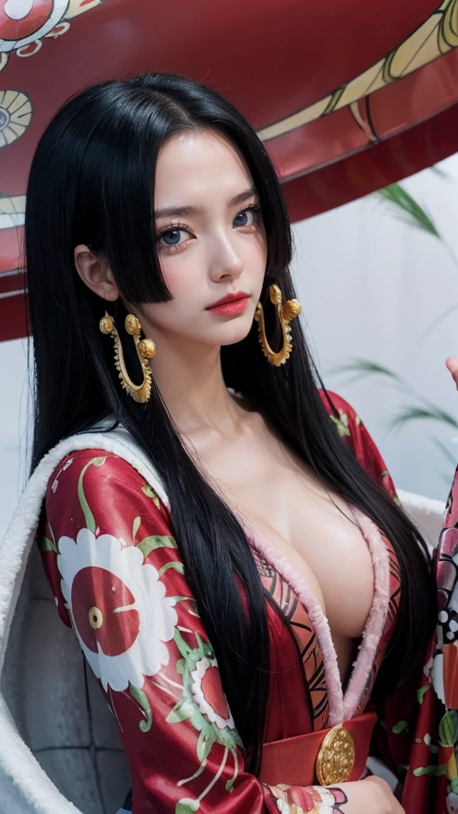 a person with long hair, red kimono, boa hancock, boa hancock from anime one piece, as an anime character, perfect anime face, she has black hair with bangs, female anime character, anime character, anime best girl, hime cut hairstyle, black hair, (red glossy lips:1.3), blue eyes, smile, sea background, (beautiful face:1.3) big 