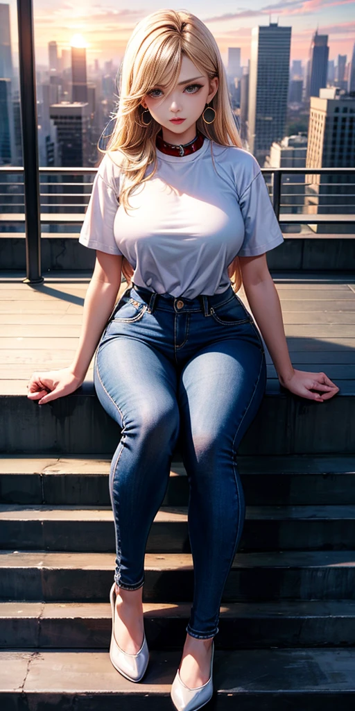 masterpiece、Top image quality、top-quality、8k、The best lighting、One woman、Beautiful woman sitting on the stairs、legs wide open、Hands between the legs、(blazers、Stassi、Sports good)、Jeans shorts、Detailed facial expressions、Detailed eye、Detailed nose、Detailed red lips、Big 、Female proportions considered everywhere、Skyscraper District、Sunset between buildings、Large circular earrings、beauty legs
