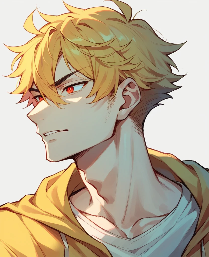 Create a stylish male character with black and yellow colour hair and red colour eyes