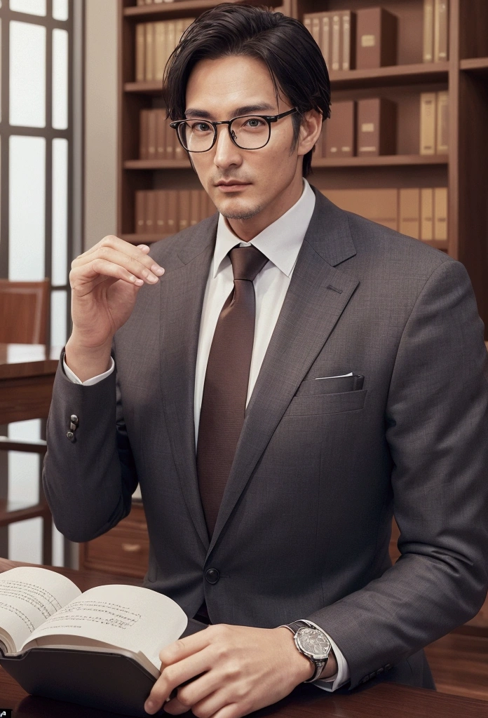 "Create an image of a professional lawyer. The character should have the following characteristics:

Physical appearance: A 42-year-old man, tall (6'1"), with a robust build, short black hair with some gray streaks at the temples, and deep brown eyes. He should be wearing a high-end Italian suit, with a classic tie and polished leather shoes.
Environment: The lawyer should be in a sophisticated office, with bookshelves filled with law books, a dark wood desk, and a panoramic view of the city through a large window. On the desk, there should be organized papers, a laptop, a luxury pen, and a framed family photo.
Facial expression: The lawyer should have a confident and determined expression, with a slight smile suggesting charisma and approachability.
Accessories: He should be wearing an elegant wristwatch and holding a pair of thin-framed reading glasses casually in his hand."