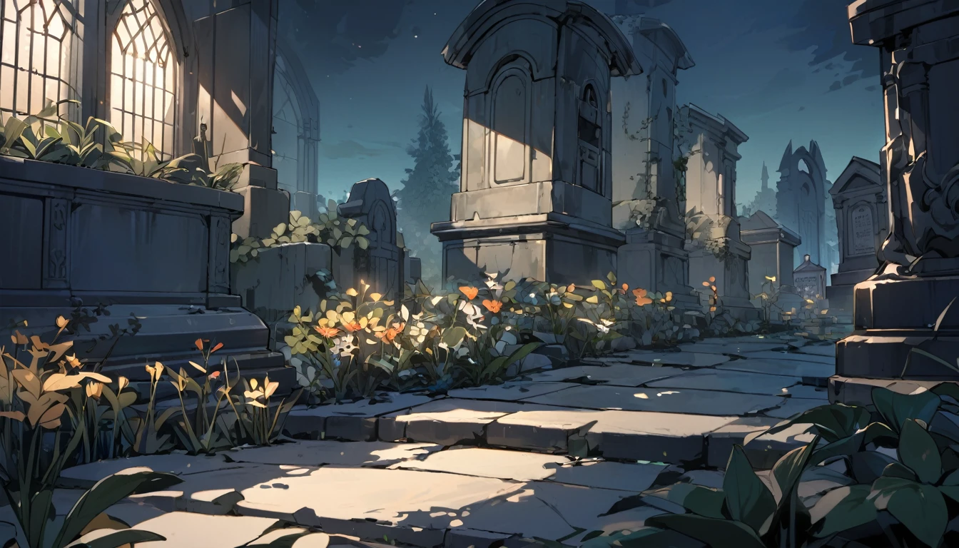 A simple grave with a few aquatic plants. Cemetery background, night, beautiful light, stone floor
