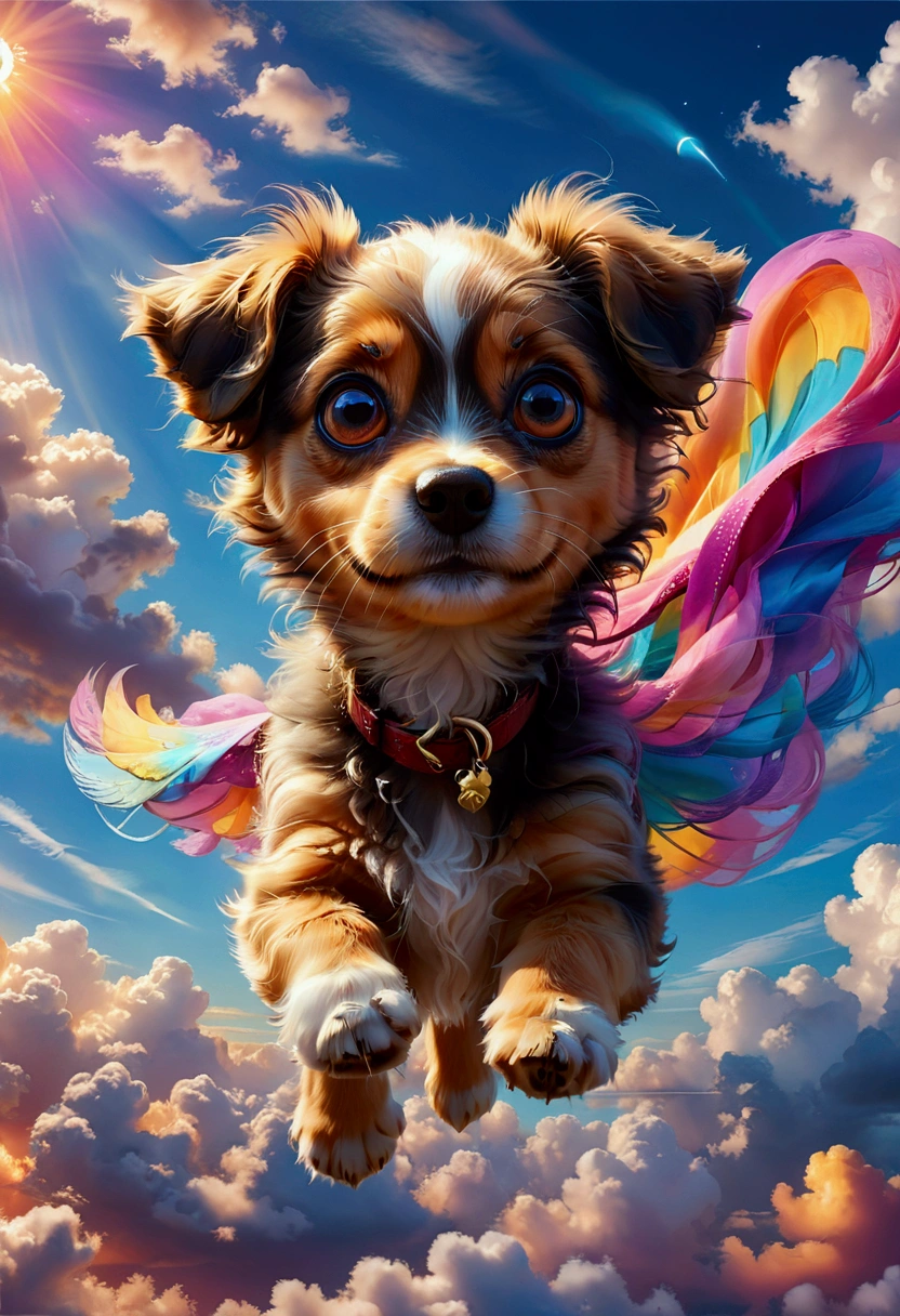 1dog, Flying Puppy, in the middle of the sky, in the sky, a cute puppy flying in the sky, fluffy fur, big eyes, adorable expression, against a colorful sunset sky, (4k,8k,highres:1.2), ultra-detailed, highly detailed, intricate details, soft lighting, warm colors, magical realism, fantasy, masterpiece, best quality, very aesthetic, absurdres