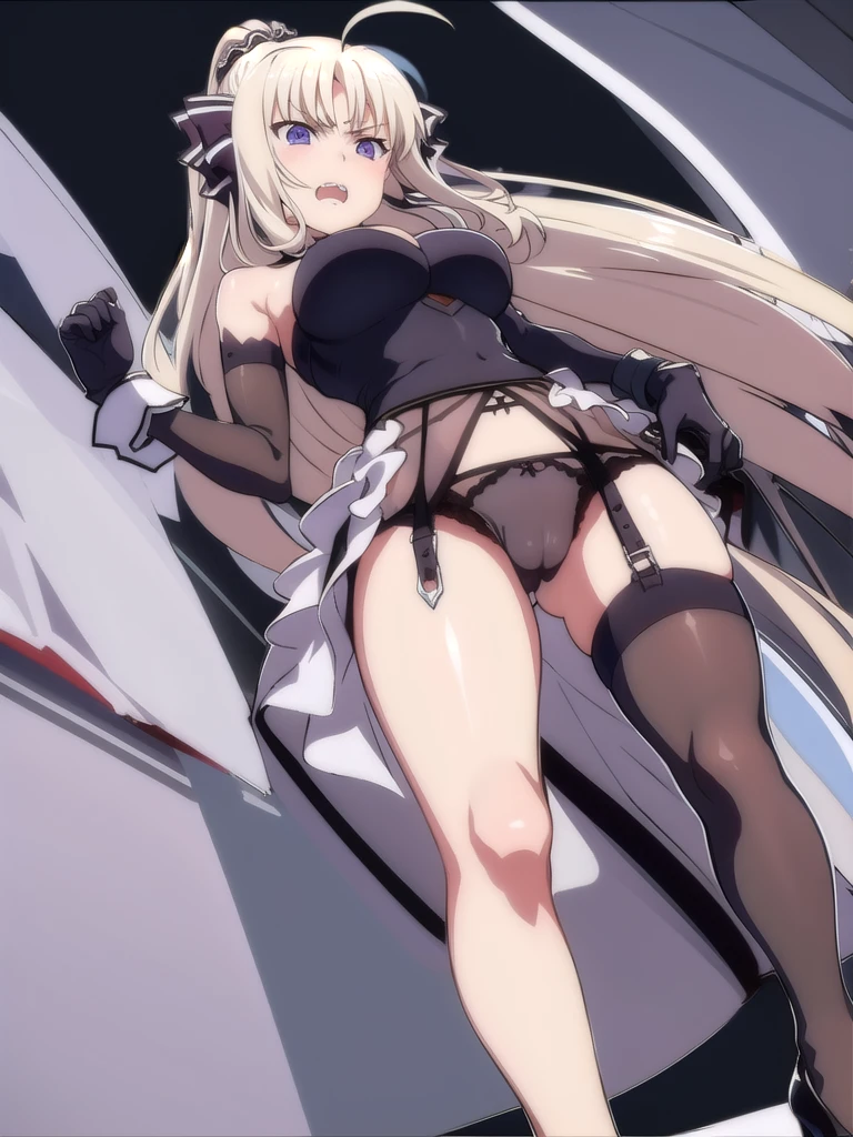 ((prison)), ((((from below)))), ((((looking down)))), ((full body)), femdom, dominatrix, ((foot focus)), ((looking at viewer)), female standing, ((bare shoulders)), ((black bustier)), ((black stockings)), ((black g-string)), ((black high heels)), ((black garter belt)), ((black elbow gloves)), 独奏, angry, teeth,
One girl, Long Hair, Purple eyes, chest, Ahoge, very Long Hair, large breasts, ribbon, hair ribbon, ponytail, bangs,