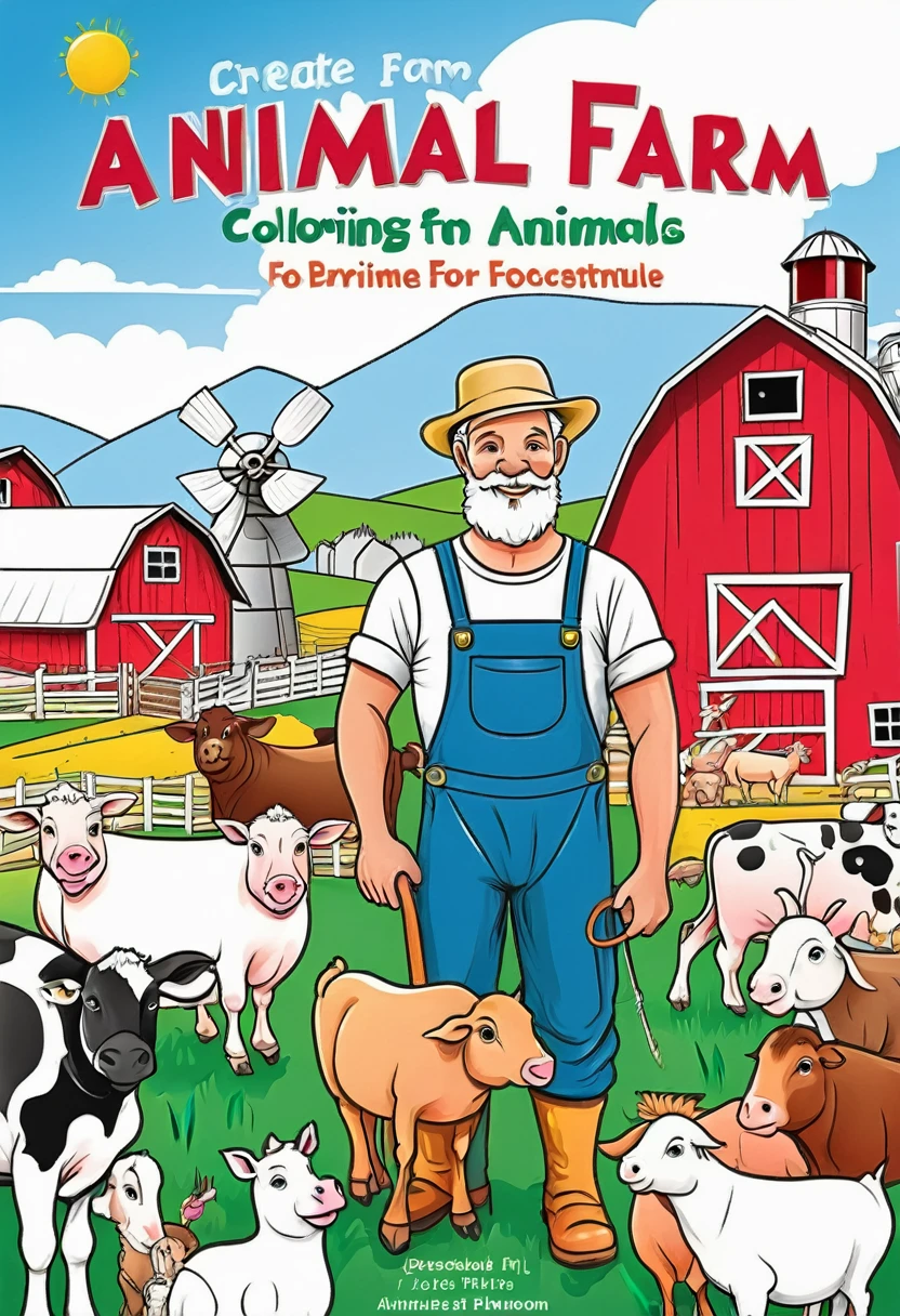 create coloured front cover for Animal Farm Coloring Book with Friendly farmer with various farm animals and a barn in the background