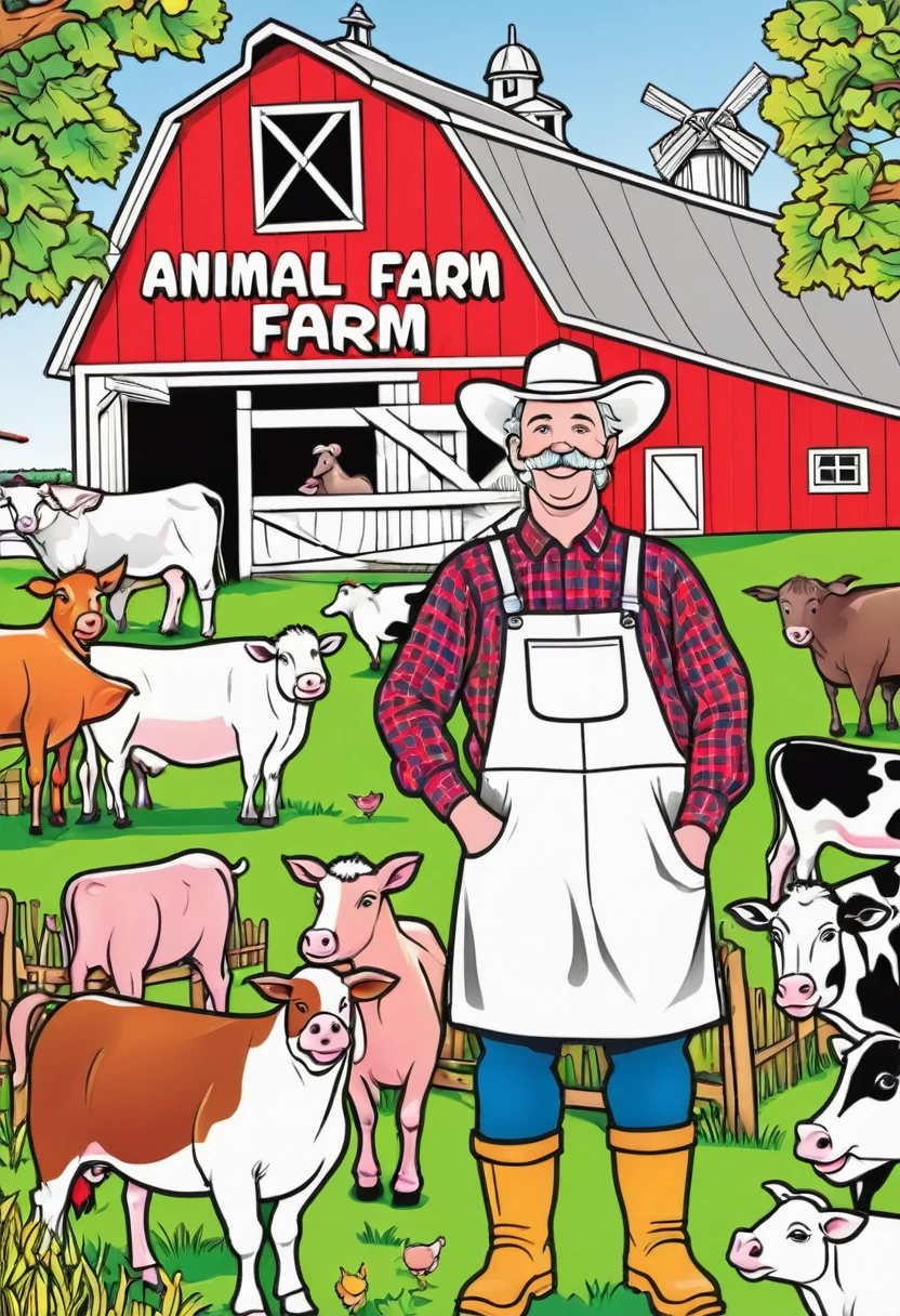 create coloured front cover for Animal Farm Coloring Book with Friendly farmer with various farm animals and a barn in the background