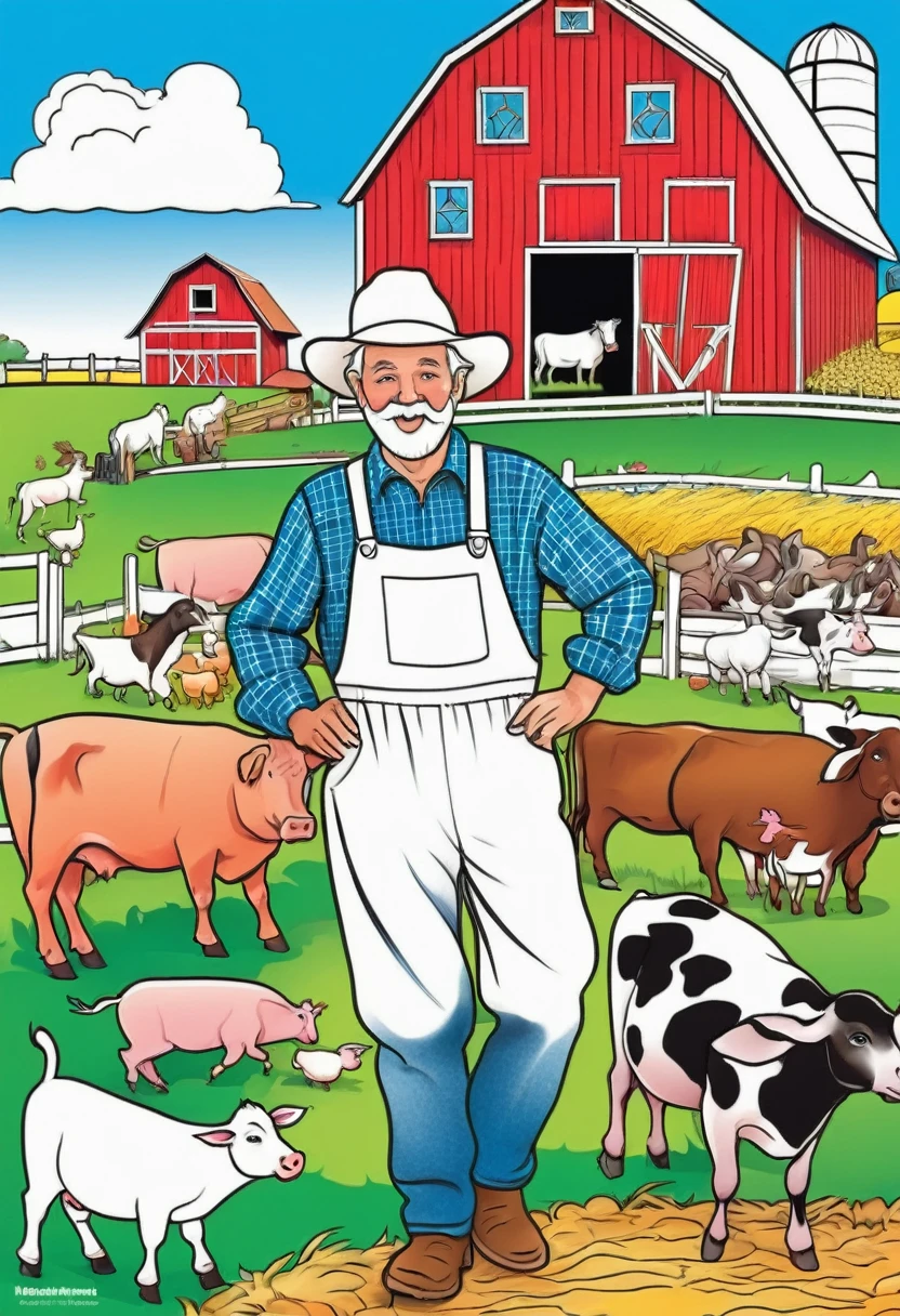 create coloured front cover for Animal Farm Coloring Book with Friendly farmer with various farm animals and a barn in the background