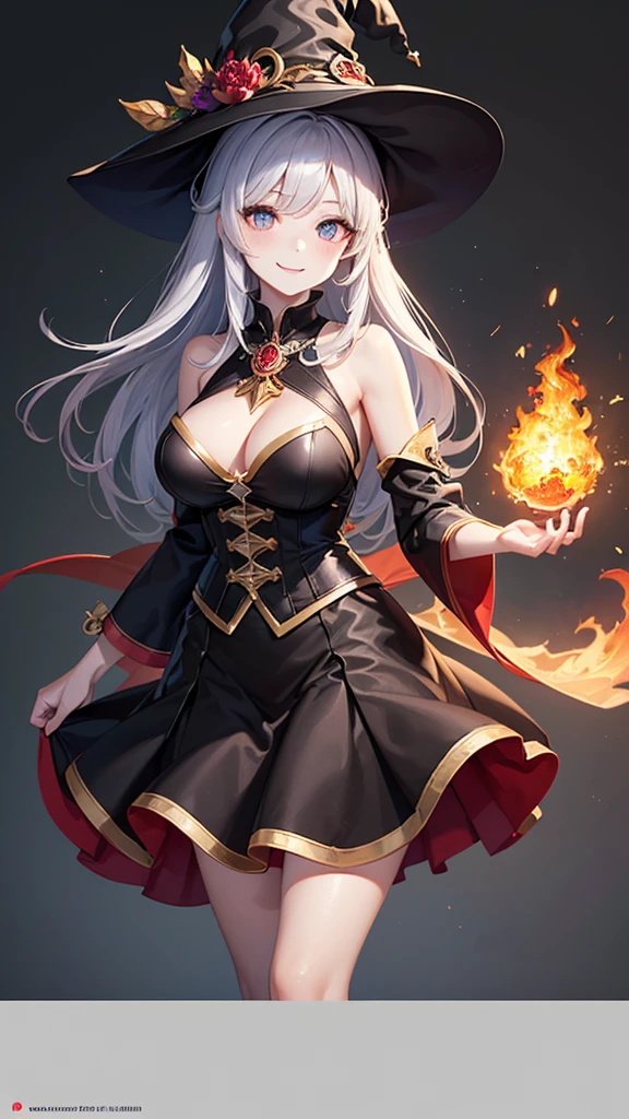 (masterpiece, Top quality), detail, ((Character Concept Art)), (1 名woman, woman, Black long skirt, Witch Hat,young，，Casting Magic，huge flame，Huge fireball, Shoulderless neckline，Witch clothing fabric, Many parts), (Pale skin), (detailed Eyes), detailed Face, ((Charming smile emoji)), Athlete&#39;s body, Black hair, Long hair, ((Charming smile emoji)), details, Animated baby, wallpa game illustration, Animagine XL Baby, Long hair  style, ((Cast fire magic, Fire Mage)), detail, Anime babe, wallpaper, game illustration, Animagine XL Baby, Dōjin works, cartoon