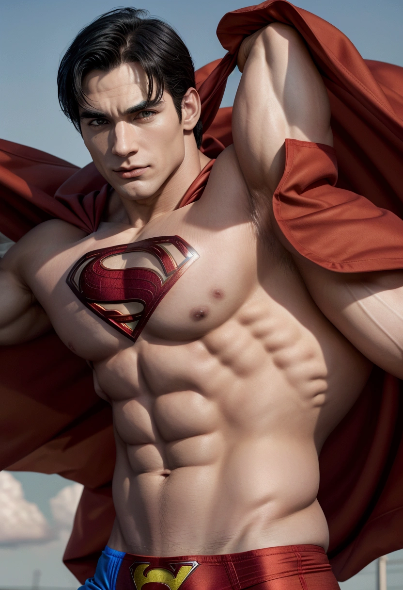 Superman, posing as a bodybuilder. Taking portraits. showing off body. Red underwear and wind cover. Vivid color filter 