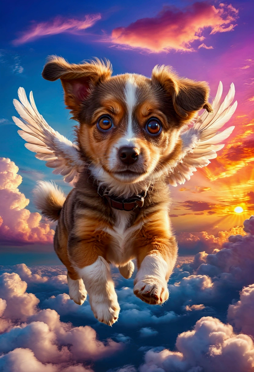 1dog, Flying Puppy, in the middle of the sky, in the sky, a cute puppy flying in the sky, fluffy fur, big eyes, adorable expression, against a colorful sunset sky, (4k,8k,highres:1.2), ultra-detailed, highly detailed, intricate details, soft lighting, warm colors, magical realism, fantasy, masterpiece, best quality, very aesthetic, absurdres