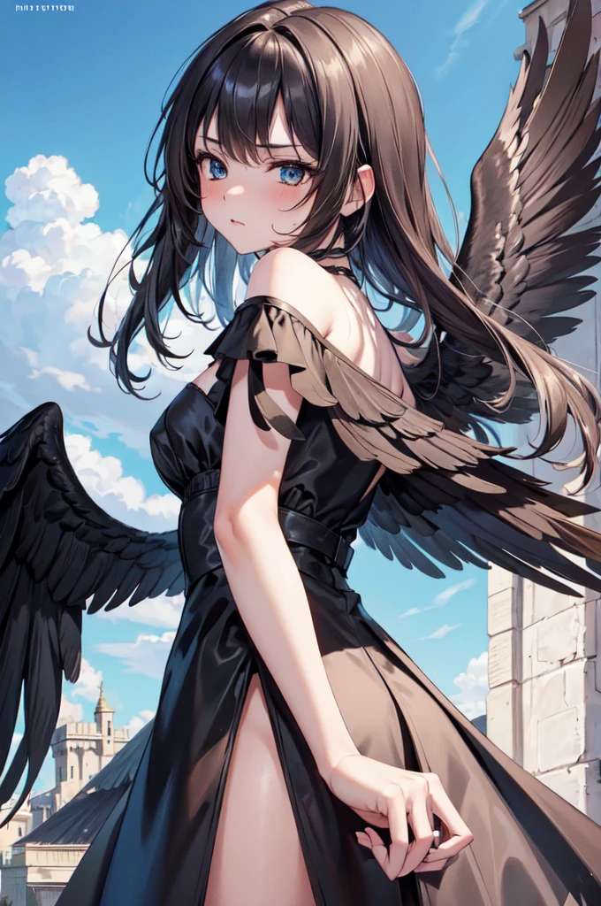 masterpiece, Angel Girl, young,12 years old,Brunette with wings, Shoulderless neckline,Black dress with feathers, Close-up portrait, Delicate face, Lots of black feathers, silver,Black Wings, Blue sky, cloud, castle, whole body,(Cover Style:1.3),anger,Veins popping out,fury ,ruins