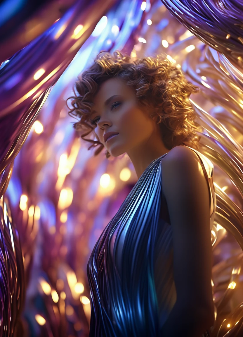 cinematic film dynamic image of a girl in a dress in front of a tangle of iridescent purple tones, a beautiful sci-fi girl with half a body, art nouveau octane rendering, waves of energies flow from techno headphones, in the form of musical staves and notes, rendering of a goddess, beautiful octane rendering, dreamy cyberpunk girl, beautiful 3d rendering of a futuristic woman, elegant futuristic woman, 8k 3d rendering character art, 8k fantasy style octane rendering , beautiful cinematic lighting, highly detailed, (feminine: 1.4), (beautiful: 1.4), (attractive: 1.3), beautiful, pose calendar, perfectly sharp and detailed green eyes, studio lighting, background thematic. shallow depth of field, vignette, highly detailed, high budget, bokeh, cinemascope, moody, epic, beautiful.HDR.