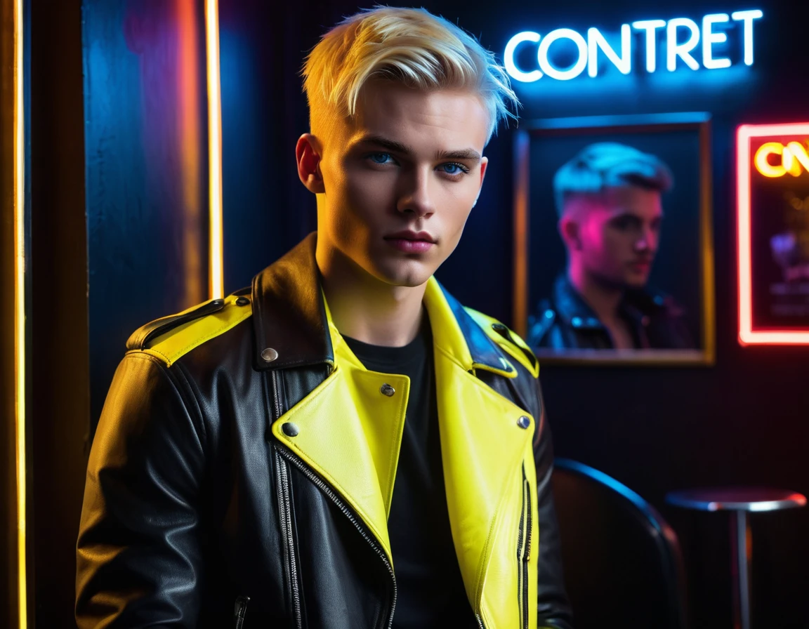 Hyper realistic, dark vibes, solo, young male fashion model, round face shape, 22 years, pale skin, blue eyes, (short textured blond hair:1.1), tussled fringe, black and yellow accented leather jacket, (holding a knife up:1.2), dark lighting, in luxury strip club room, (smirk:1.1), (neon sign in background that says "CONTEXT":1.1)