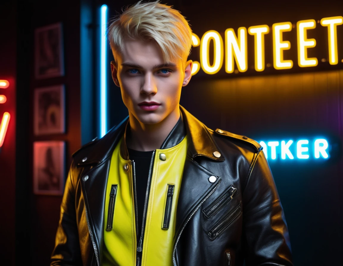 Hyper realistic, dark vibes, solo, young male fashion model, round face shape, 22 years, pale skin, blue eyes, (short textured blond hair:1.1), tussled fringe, black and yellow accented leather jacket, (holding a knife up:1.2), dark lighting, in luxury strip club room, (smirk:1.1), (neon sign in background that says "CONTEXT":1.1)