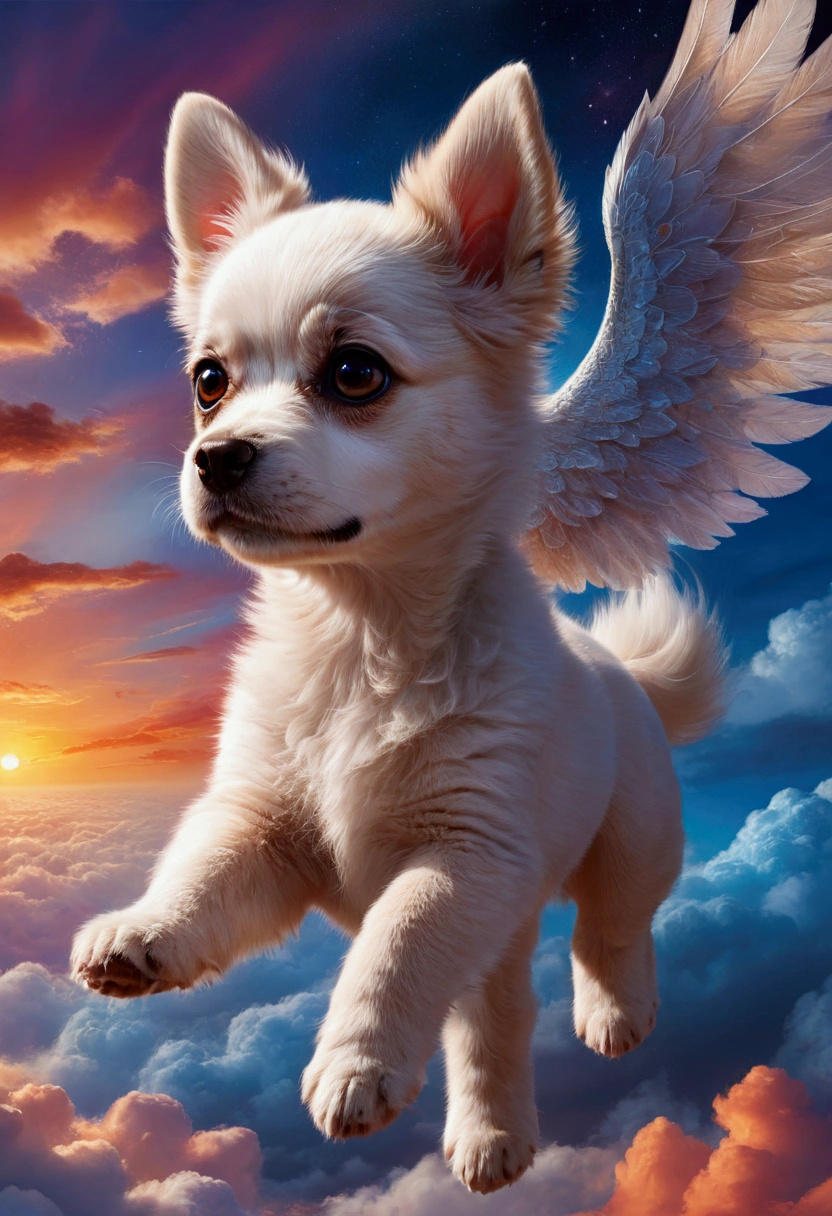 1dog, Flying Puppy, in the middle of the sky, in the sky, a cute puppy flying in the sky, fluffy fur, big eyes, adorable expression, against a colorful sunset sky, (4k,8k,highres:1.2), ultra-detailed, highly detailed, intricate details, soft lighting, warm colors, magical realism, fantasy, masterpiece, best quality, very aesthetic, absurdres