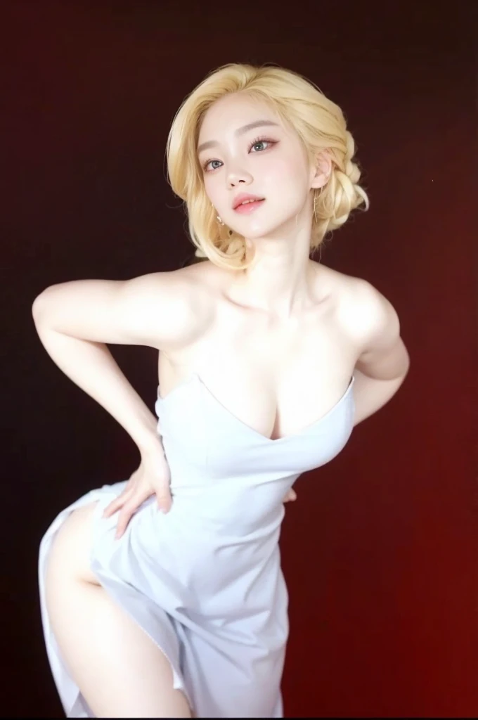 Woman with long curly blonde hair, beautiful woman with a perfect smile. BTS face taehyung with a female mix of wongyoung, pretty girl, big eyes and pompous doll lips, delicate and subtle features; high quality