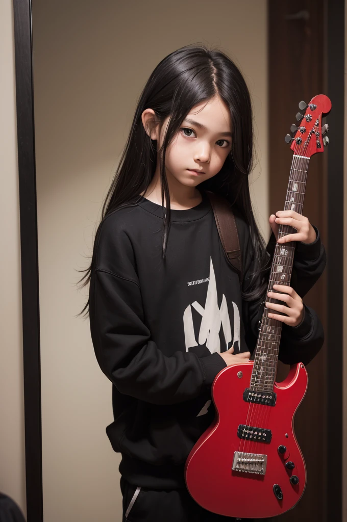 A boy taking a photo in front of the mirror holding his cell phone in front of his face covering it ((best qualityer)) ((detailded)) He has long hair and holds a red guitar in his arms., wears a sweatshirt and black cargo pants