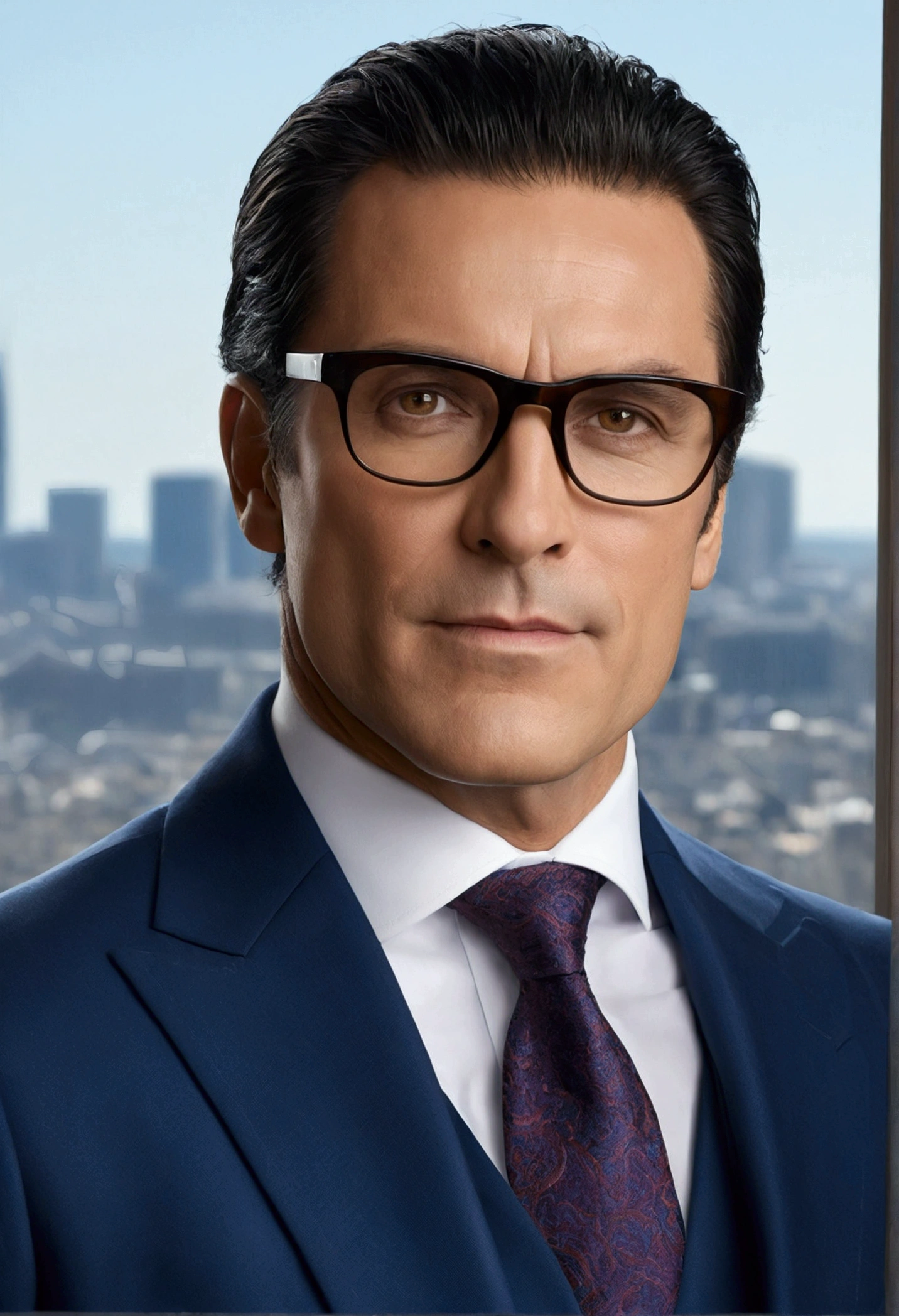 "Create an image of a professional lawyer. The character should have the following characteristics:

Physical appearance: A 42-year-old man, tall (6'1"), with a robust build, short black hair with some gray streaks at the temples, and deep brown eyes. He should be wearing a high-end Italian suit, with a classic tie and polished leather shoes.
Environment: The lawyer should be in a sophisticated office, with bookshelves filled with law books, a dark wood desk, and a panoramic view of the city through a large window. On the desk, there should be organized papers, a laptop, a luxury pen, and a framed family photo.
Facial expression: The lawyer should have a confident and determined expression, with a slight smile suggesting charisma and approachability.
Accessories: He should be wearing an elegant wristwatch and holding a pair of thin-framed reading glasses casually in his hand."