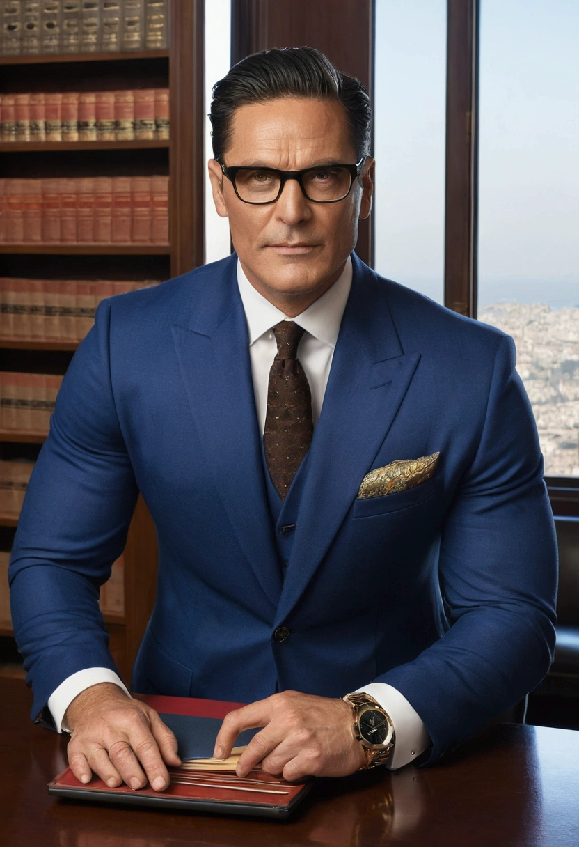 "Create an image of a professional lawyer. The character should have the following characteristics:

Physical appearance: A 42-year-old man, tall (6'1"), with a robust build, short black hair with some gray streaks at the temples, and deep brown eyes. He should be wearing a high-end Italian suit, with a classic tie and polished leather shoes.
Environment: The lawyer should be in a sophisticated office, with bookshelves filled with law books, a dark wood desk, and a panoramic view of the city through a large window. On the desk, there should be organized papers, a laptop, a luxury pen, and a framed family photo.
Facial expression: The lawyer should have a confident and determined expression, with a slight smile suggesting charisma and approachability.
Accessories: He should be wearing an elegant wristwatch and holding a pair of thin-framed reading glasses casually in his hand."