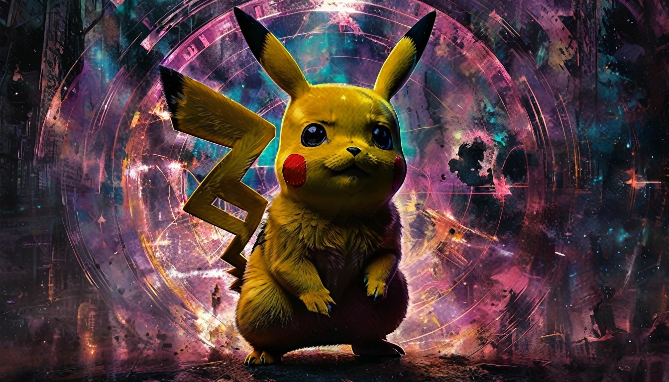 (moonligh:1.2), (Intricate:0.7), (high détail:1.2), (pokemon; pikachu :1.3), (sharp focus:1.1), [Explicit content, Questionable content], (work of art, best qualityer, 4K, 2k, shadowed, absurd resolution), monochrome, arte linear, pokemon, pikachu, purple color in the background, cover of a magazine
