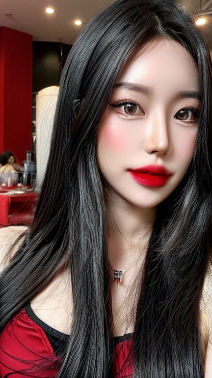 Perfect face,a woman wearing a red-black belly dancing outfit, muscle building body with biggest glutes,high face quality, very long braids gray hairstyles,red lips , high face quality