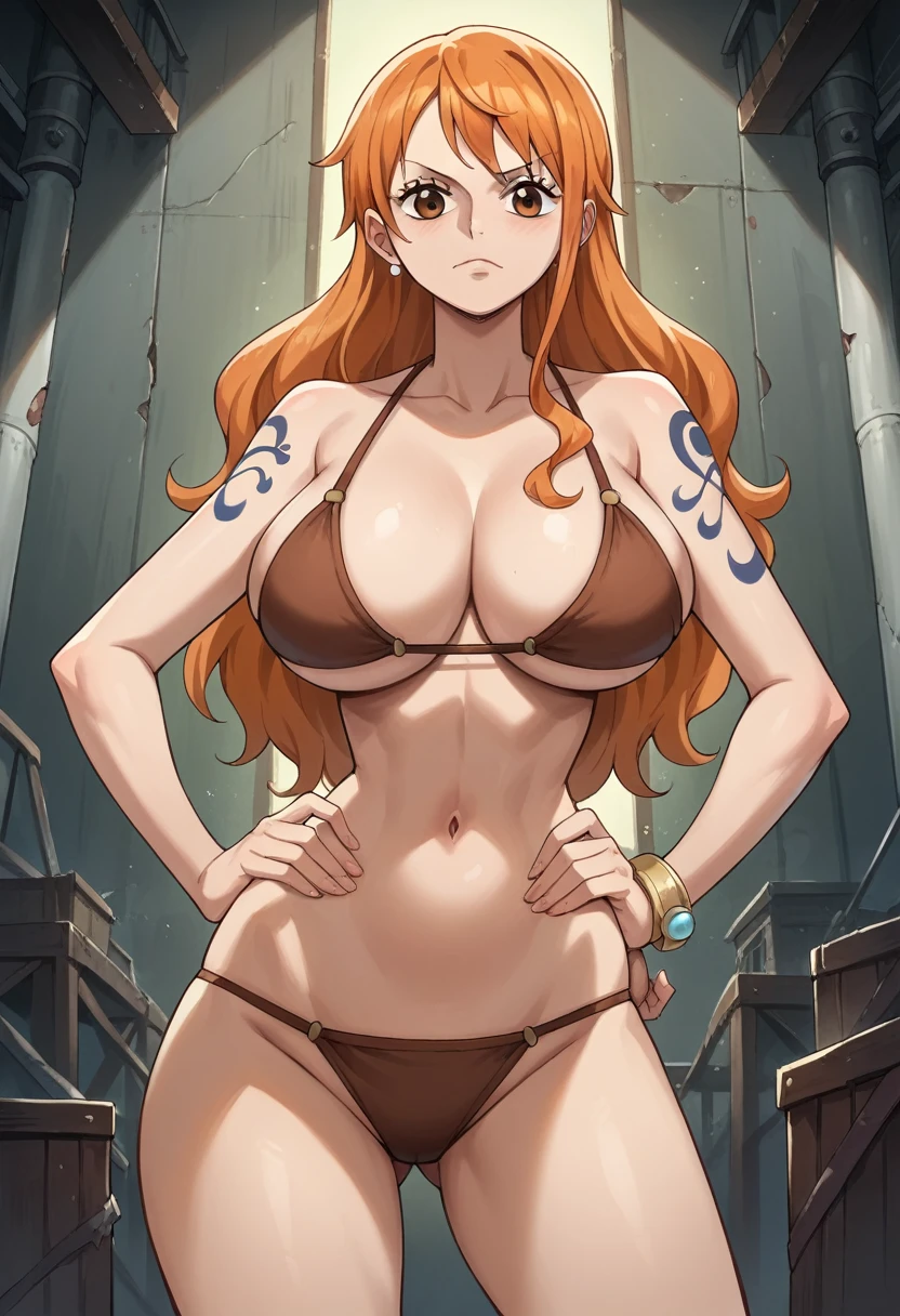 Masterpiece, best quality, Masterpiece, best quality, 1 woman, Nami , long orange hair , sly face , brown bikini , big breasts , abdomen , Put your hands on your hips.. , abandoned factory , at night