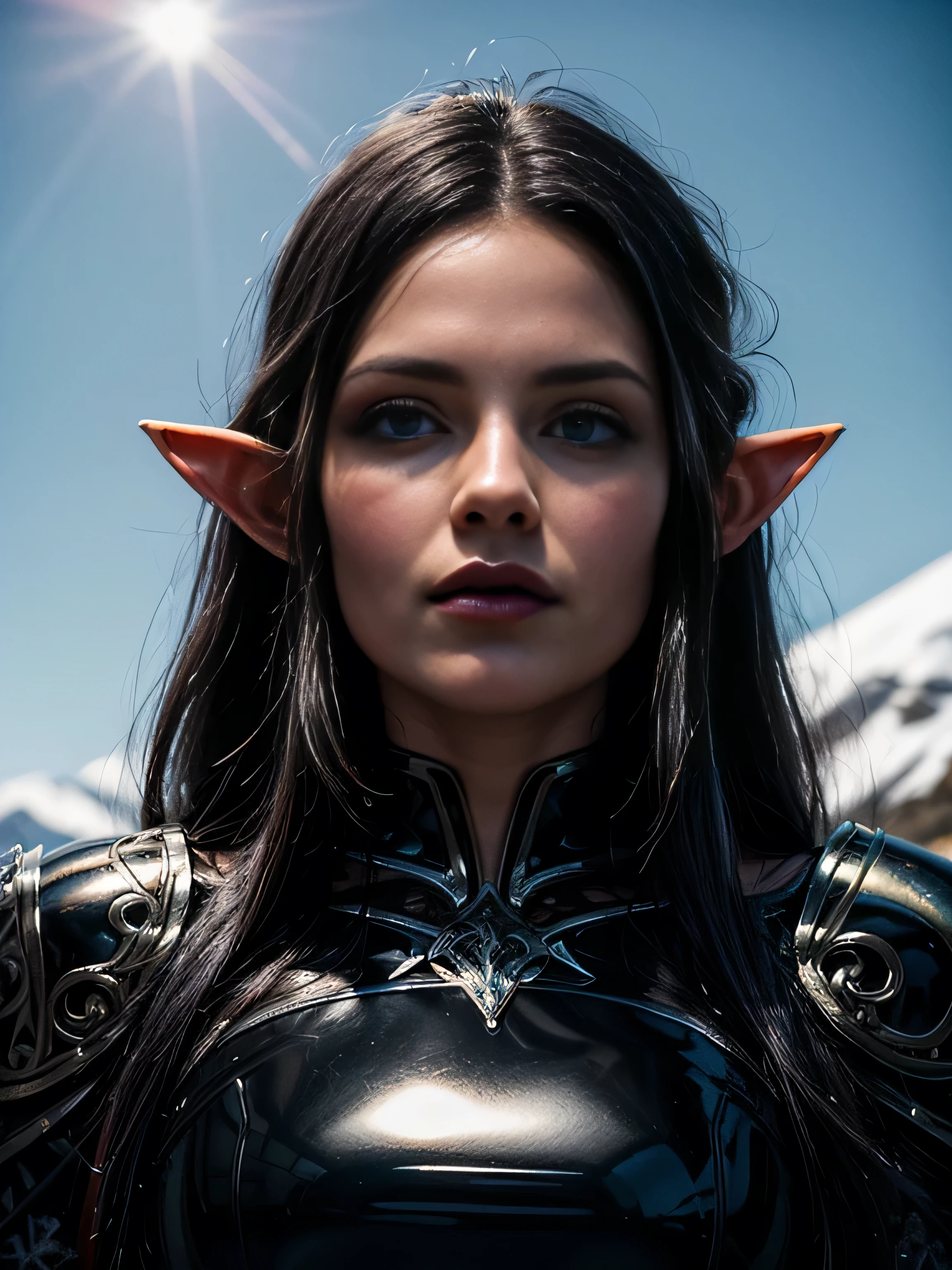 (masterpiece, photorealistic:1.4, extremely intricate:1.6), (photon mapping, radiosity, physically based rendering, ultra resolution, hyper-realistic, photorealistic:1.4, hyper-realistic, 8K, dtx), ((twentyfive elf female [bodybuilder:supermodel:0.2], (elven girl, ((lacquered black chrome armor)), filigree, etched, crimson red cloak, wind, windy, long straight [glossblack hair:purple hair:0.8]), [iceblue eyes:green eyes:0.9]), [from below:side view:0.5]), outside, snowy mountain trail, outdoors, winter, cold, snow, Fantasy, (metal reflections)