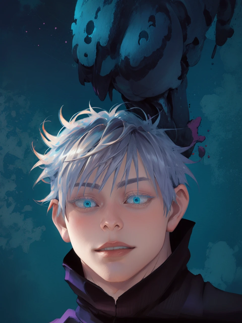 masterpiece, best quality, 1boy, close up potrait, gojou satoru, jujutsu kaisen, white hair, short hair, blue eyes, beautiful blue eyes, black jacket, black pants ,high collar, long sleeves, shoes, upper body, smile, looking at viewer, solo, blue sky, meadow background , beautiful blue lights in the background, 4k anime