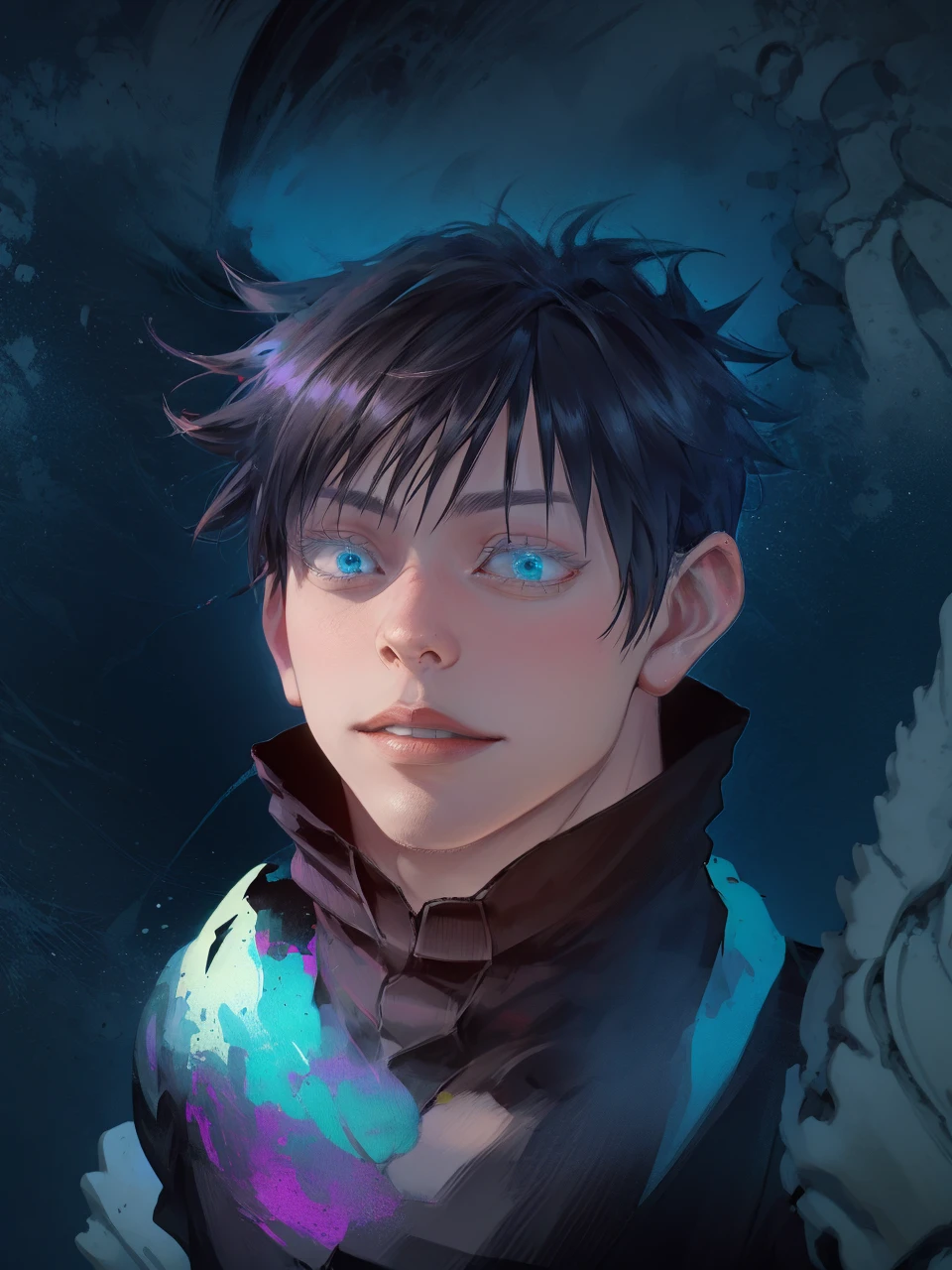 masterpiece, best quality, 1boy, close up potrait, gojou satoru, jujutsu kaisen, white hair, short hair, blue eyes, beautiful blue eyes, black jacket, black pants ,high collar, long sleeves, shoes, upper body, smile, looking at viewer, solo, blue sky, meadow background , beautiful blue lights in the background, 4k anime