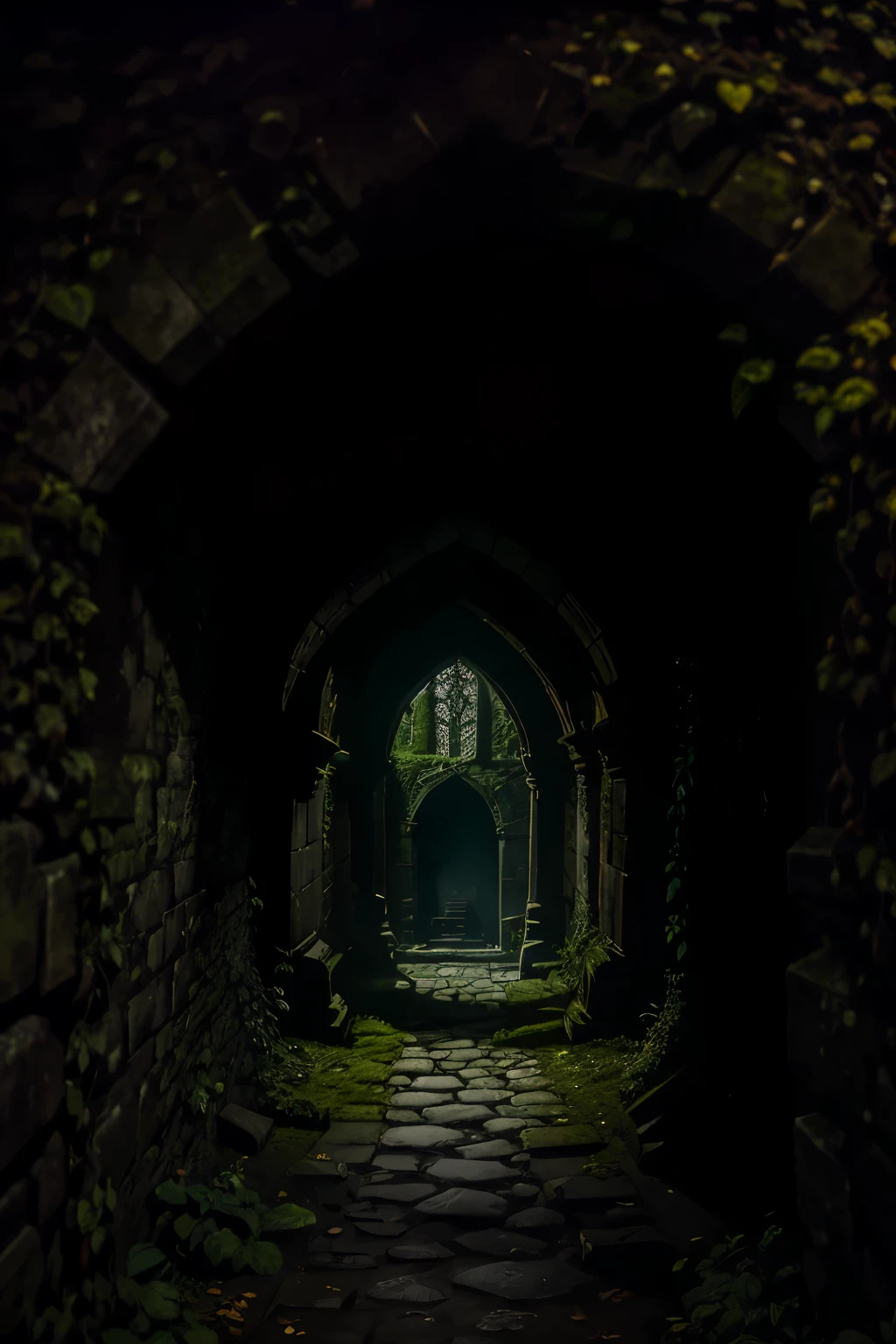 The crypt's entrance, shrouded in dense foliage, is nearly concealed by the relentless growth of vines and moss. The stone arch, bearing the weight of time, is worn and crumbling, its surface resembling the intertwined skeletal fingers of the vegetation. A rusted iron door groans pitifully as it opens, revealing the darkness within.

Stepping into the crypt, the air is thick and frosty, carrying an acrid scent of damp and decay that permeates every corner. The stone floor is coated in a fine layer of dust, save for the footprints left by the audacious few who have ventured within. The walls are