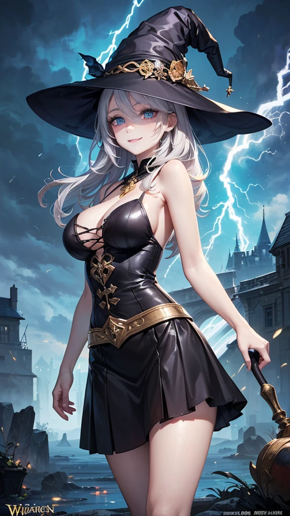 (masterpiece, Top quality), detail, ((Character Concept Art)), (1 名woman, woman, Black long skirt, Witch Hat,young，，Casting Magic，Huge arc，（（lightning））, Shoulderless neckline，Witch clothing fabric, Many parts), (Pale skin), (detailed Eyes), detailed Face, ((Charming smile emoji)), Athlete&#39;s body, Black hair, Long hair, ((Charming smile emoji)), details, Animated baby, wallpaper, game illustration, Animagine XL Baby, Long hair long style, ((Cast fire magic, Fire Mage)), detail, Anime babe, game illustration, Animagine Doujinshi