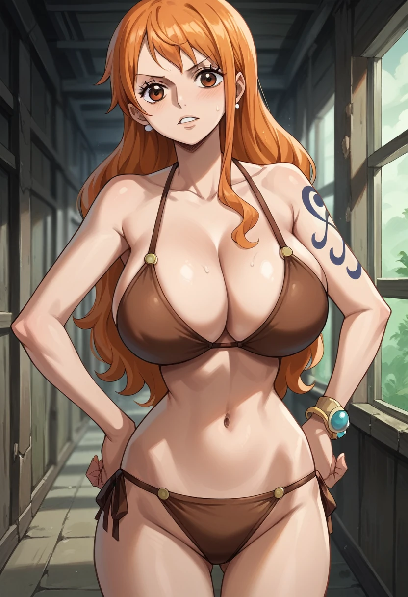 Masterpiece, best quality, Masterpiece, best quality, 1 woman, Nami , long orange hair , sly face , brown bikini , big breasts , abdomen , Put your hands on your hips.. , long legs , abandoned factory , at night