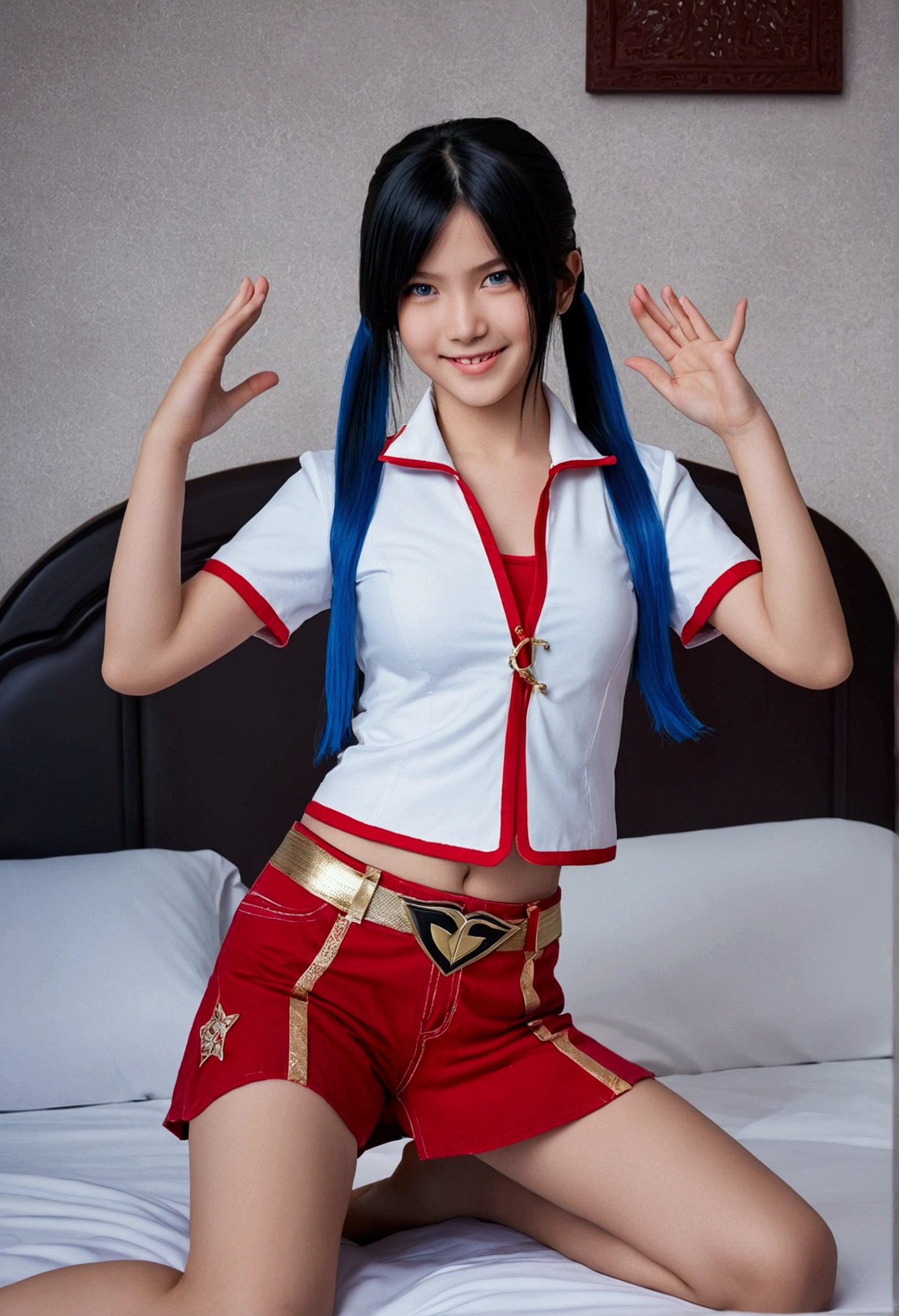 work of art, ultra high quality cg, best qualityer, perfect photo, standing alone, Lidia Sobieska, oriental-like, 10-year-old, (tekken, long medium black hair, blue colored eyes, red hair tie, stark, smiling), wearing a tight white t-shirt showing the volume of her medium breasts, a pair of blue jeans, red all star tennis, black leather jacket with gold embellishments, sitting on the double bed, olhando de lado, blushful, shoulder showing, arms raised as if to hug someone, and showing a gold engagement ring in his hands, em um apartamento simples oriental-like japonês, playing in a sexy pose and provoking desire  