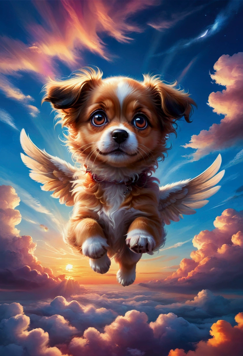 1dog, Flying Puppy, in the middle of the sky, in the sky, a cute puppy flying in the sky, fluffy fur, big eyes, adorable expression, against a colorful sunset sky, (4k,8k,highres:1.2), ultra-detailed, highly detailed, intricate details, soft lighting, warm colors, magical realism, fantasy, masterpiece, best quality, very aesthetic, absurdres