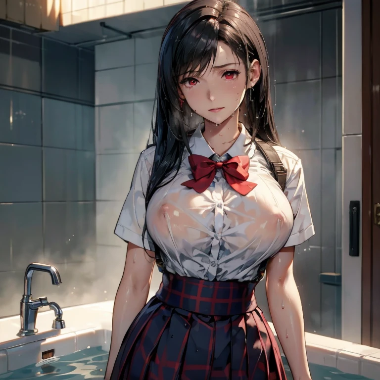 (masterpiece, best quality:1.2), in the bath , wet clothes, soaked, wet hair, wet skin, translucent, glistening with oil , dishevelled , solo, 1girl, school girl uniform , steam , plaid skirt , pleated skirt , The shirt is tight. , white shirt , school girl , red bow , red knot , highly detailed photo of Tifa Lockhart , red eyes, intricate, highres, 8k, detailed hair , wet and sweaty , wet white shirt , clothes were so wet that her breasts could be seen , Nipples can be seen through , Soak in water ,