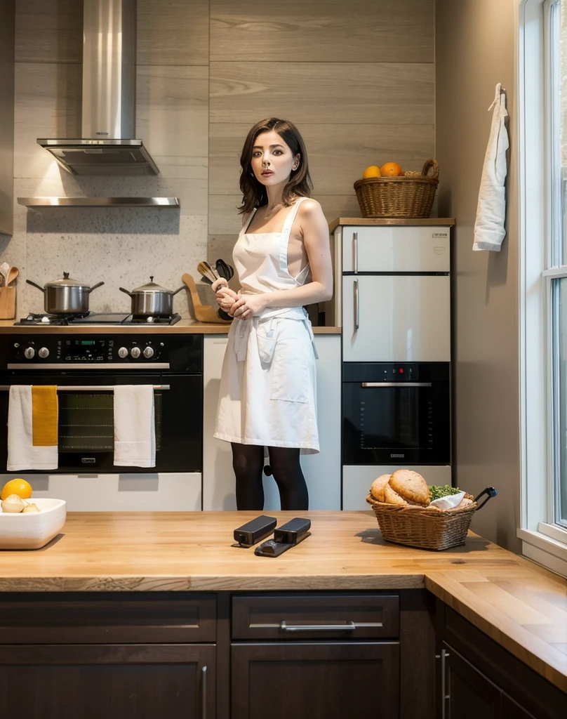 La fille est dans une cuisine très élégante, the white kitchen with black objects creating contrast, On dirait qu'she is going to cook a dessert
