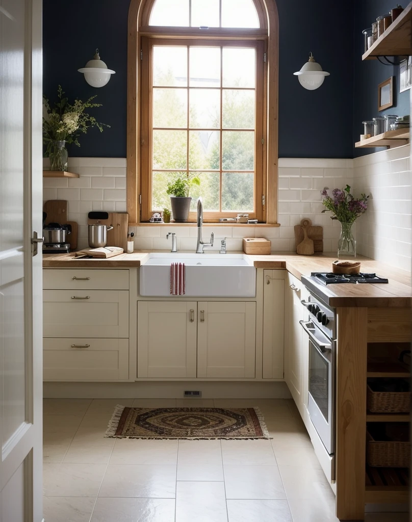 La fille est dans une cuisine très élégante, the white kitchen with black objects creating contrast, On dirait qu'she is going to cook a dessert