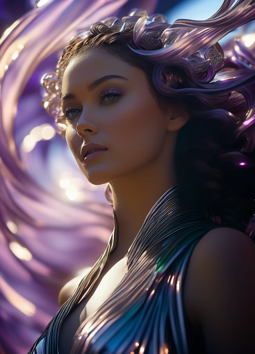 cinematic film dynamic image of a girl in a dress in front of a tangle of iridescent purple tones, a beautiful sci-fi girl with half a body, art nouveau octane rendering, waves of energies flow from techno headphones, in the form of musical staves and notes, rendering of a goddess, beautiful octane rendering, dreamy cyberpunk girl, beautiful 3d rendering of a futuristic woman, elegant futuristic woman, 8k 3d rendering character art, 8k fantasy style octane rendering , beautiful cinematic lighting, highly detailed, (feminine: 1.4), (beautiful: 1.4), (attractive: 1.3), beautiful, pose calendar, perfectly sharp and detailed green eyes, studio lighting, background thematic. shallow depth of field, vignette, highly detailed, high budget, bokeh, cinemascope, moody, epic, beautiful.HDR.