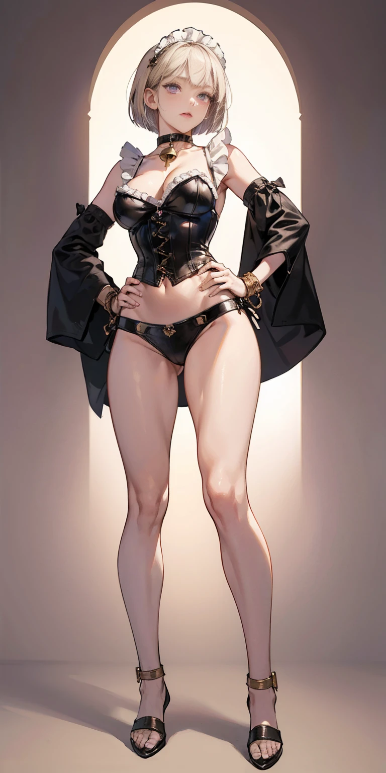 (Masterpiece, plain background:1.2) white short bob hair and skin, purple eyes, thin legs, thin body, leather corset and leather collar choker with golden neck bell, shackles wristbands bracers bracelets sleeves, bikini maid outfit, 1MILFWOMAN BIMBO full body standing symmetrical with both hands on hips, wide hips, view from below