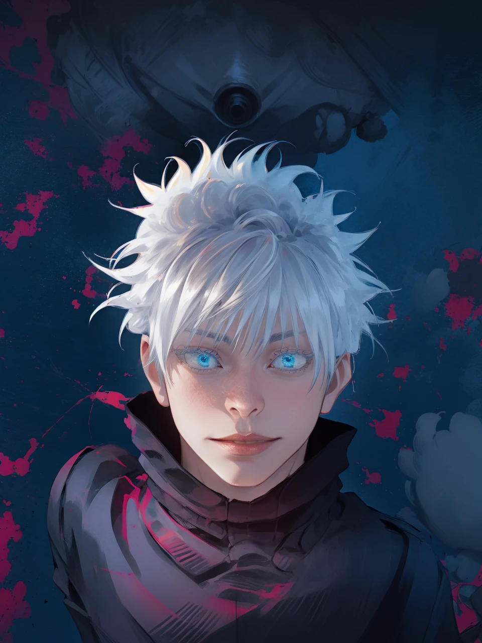 masterpiece, best quality, 1boy, close up potrait, gojou satoru, jujutsu kaisen, white hair, short hair, blue eyes, beautiful blue eyes, black jacket, black pants ,high collar, long sleeves, shoes, upper body, smile, looking at viewer, solo, blue sky, meadow background , beautiful blue lights in the background, 4k anime 