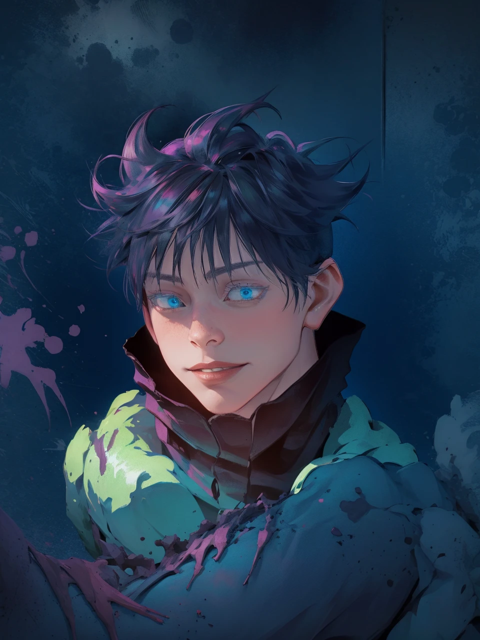 masterpiece, best quality, 1boy, close up potrait, gojou satoru, jujutsu kaisen, white hair, short hair, blue eyes, beautiful blue eyes, black jacket, black pants ,high collar, long sleeves, shoes, upper body, smile, looking at viewer, solo, blue sky, meadow background , beautiful blue lights in the background, 4k anime
