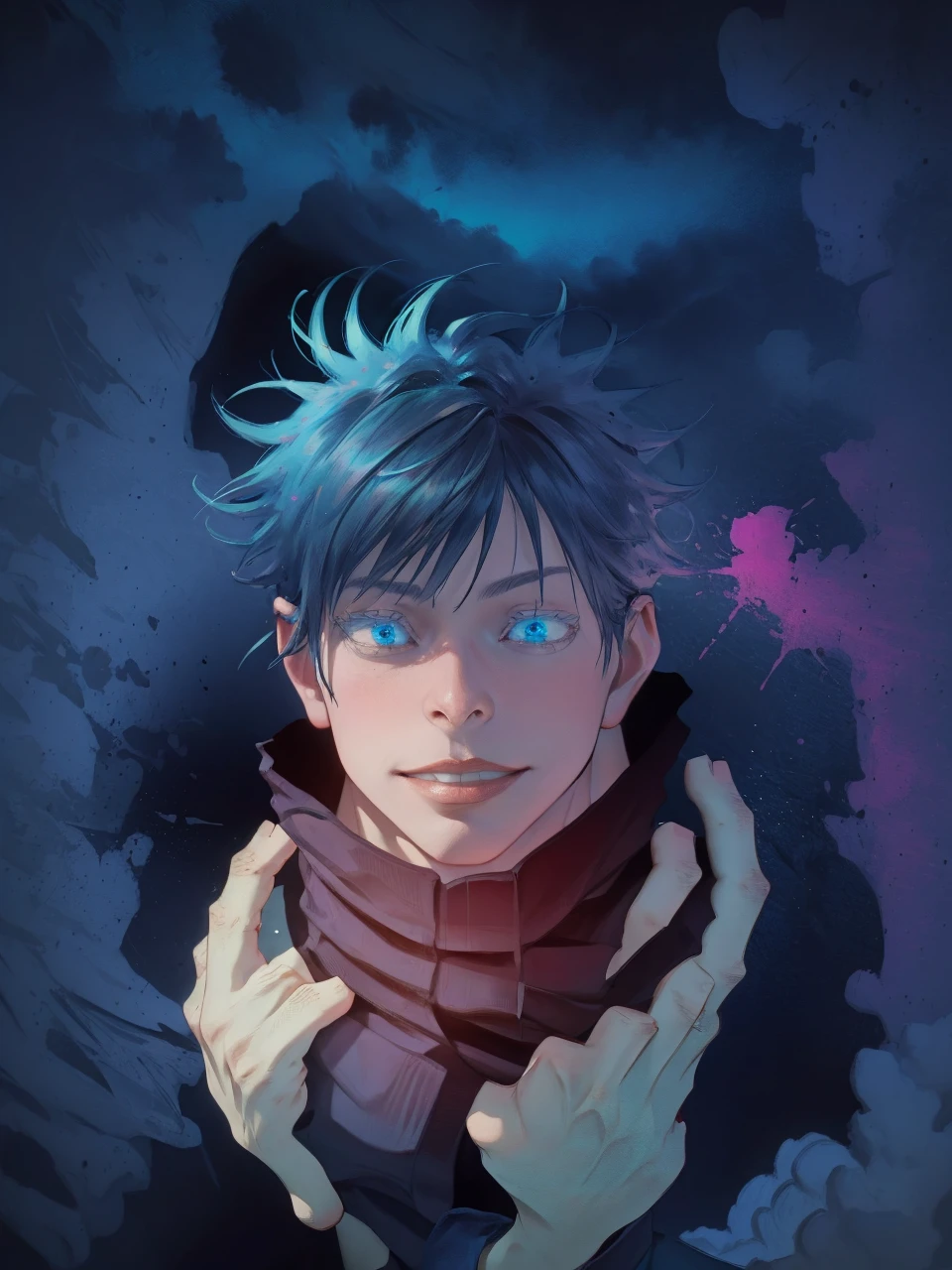 masterpiece, best quality, 1boy, close up potrait, gojou satoru, jujutsu kaisen, white hair, short hair, blue eyes, beautiful blue eyes, black jacket, black pants ,high collar, long sleeves, shoes, upper body, smile, looking at viewer, solo, blue sky, meadow background , beautiful blue lights in the background, 4k anime